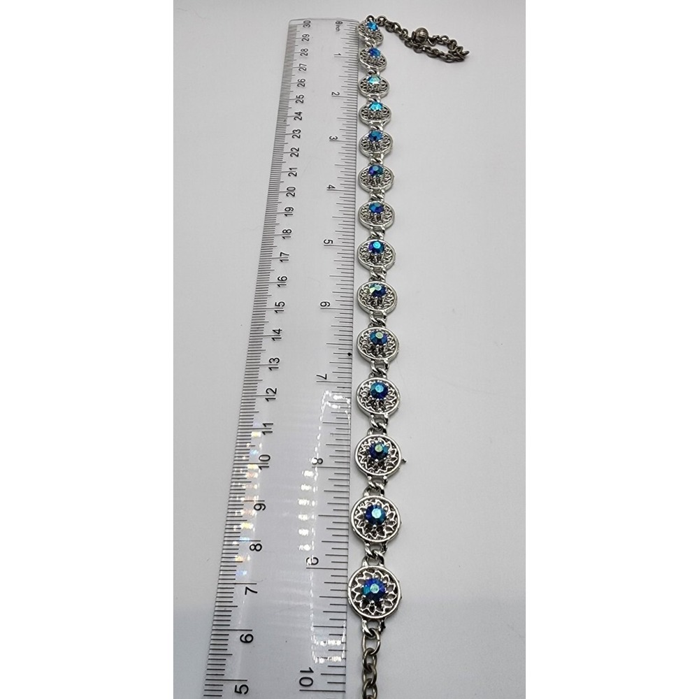 Vintage Dark Blue Aurora Borealis Rhinestone Silver Tone Filagree Necklace 17.5" - Picture 12 of 15